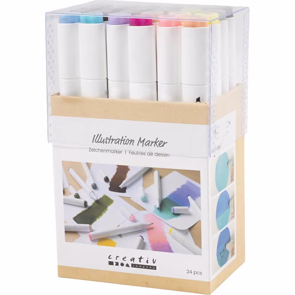Creativ Company 2-in-1 Alcohol Marker Stiften Dubbele Punt pastelkleuren en standaartkleuren 24 stuks