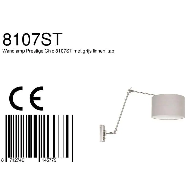 Staalkleurige wandlamp Prestige Chic 8107ST met grijs grof linnen kap - Afbeelding 8